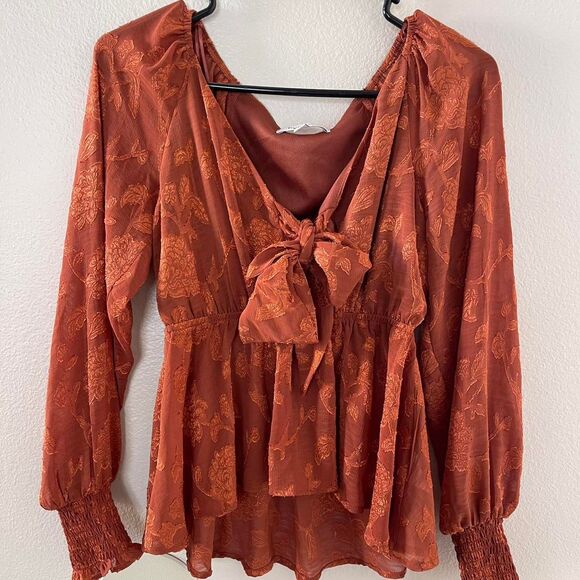 Women's Burnt Orange floral long sleeve blouse with tie front detail XS/S - Picture 3 of 7